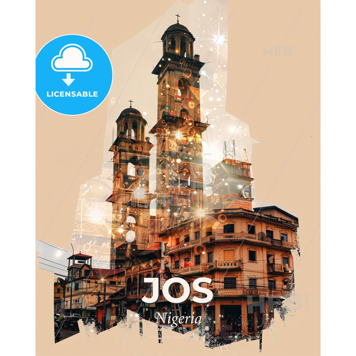 Jos: Double Exposure Skyline with Local Icons - A double exposure of a building - Square format print template