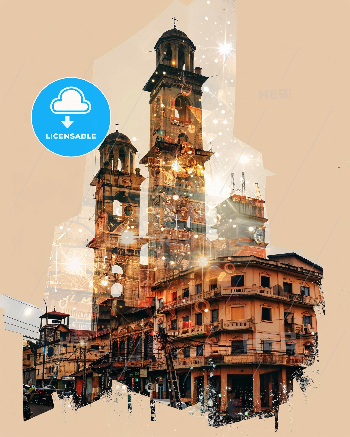 Jos: Double Exposure Skyline with Local Icons - A double exposure of a building