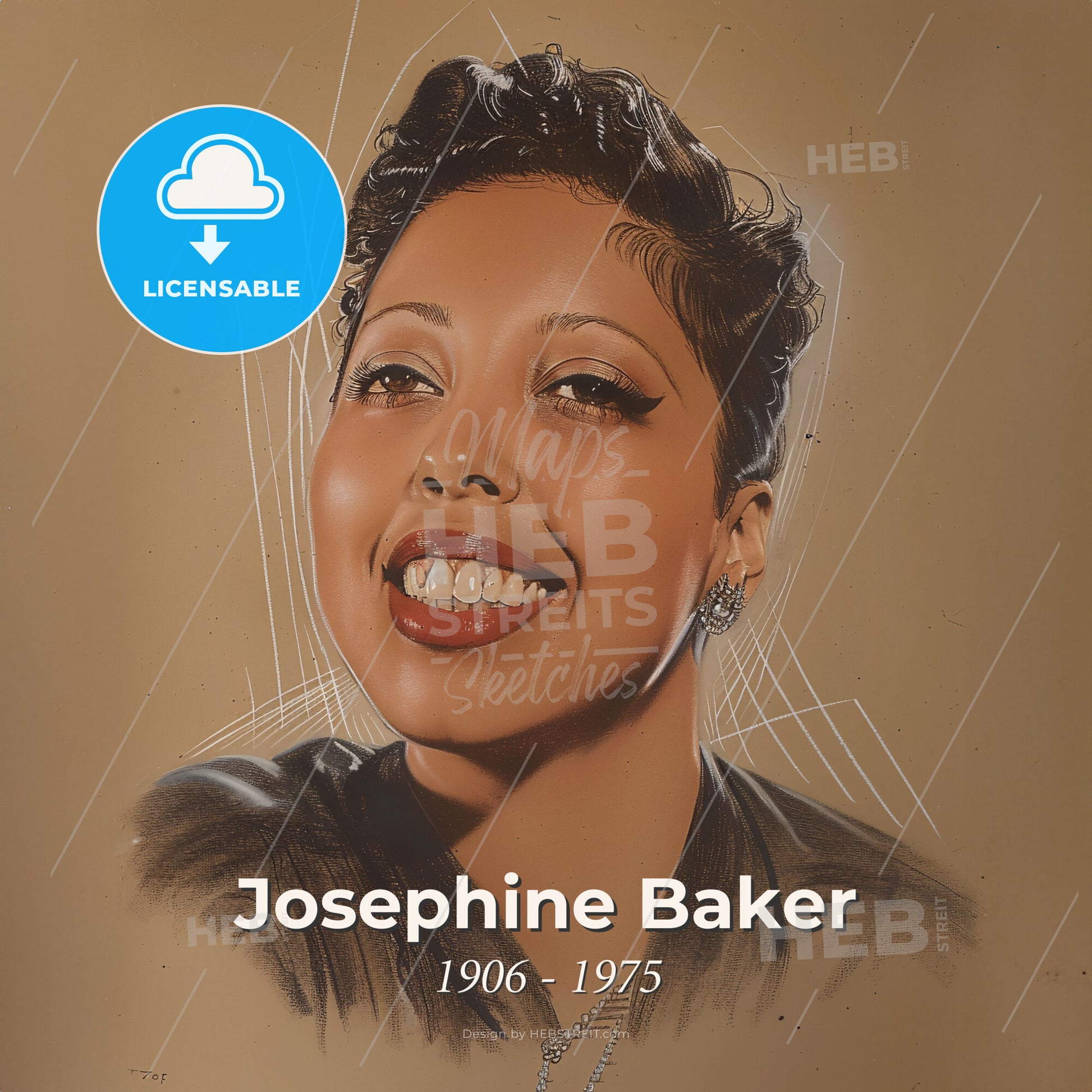 Josephine Baker, 1906 - 1975, American-French entertainer - A Woman Smiling With Short Hair Print Template