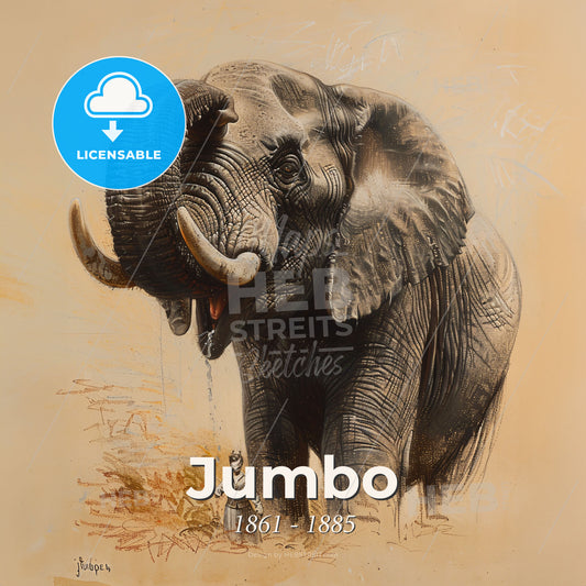 Jumbo, 1861 - 1885, African elephant - An Elephant With Tusks And A Woman Standing In The Grass Print Template