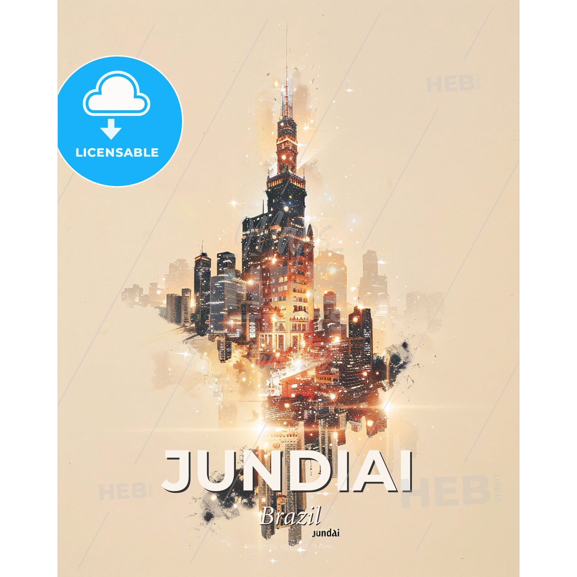 Jundiai City Skyline Double Exposure Poster - A city skyline with lights - Square format print template