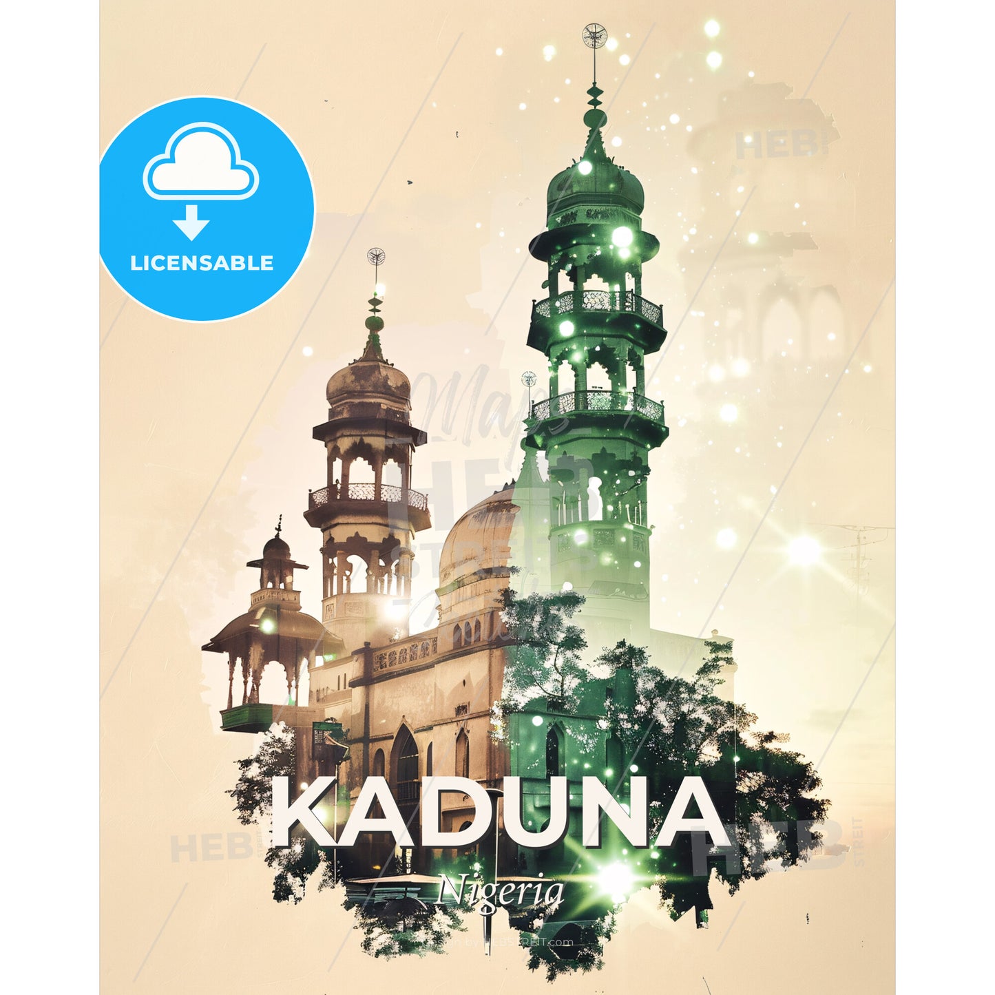 Kaduna Skyline Double Exposure Composite - A building with towers and trees - Square format print template