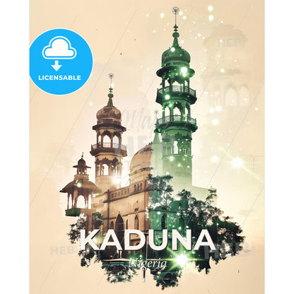 Kaduna Skyline Double Exposure Composite - A building with towers and trees - Square format print template