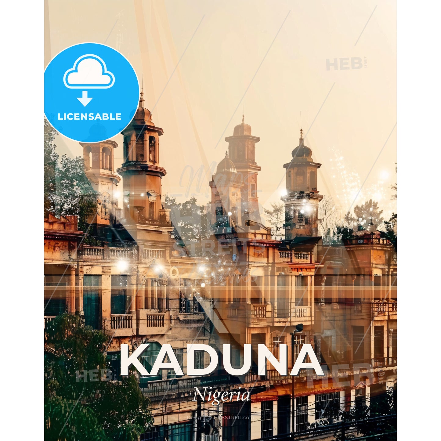 Kaduna Nigeria Cityscape Poster Art - A building with towers and trees - Square format print template