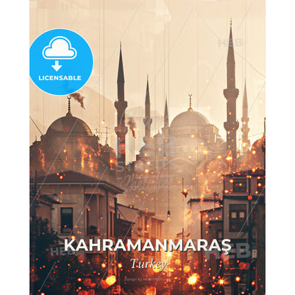 Kahramanmaras: City Icons in Sparkling Silhouette - A city with tall towers and buildings - Square format print template