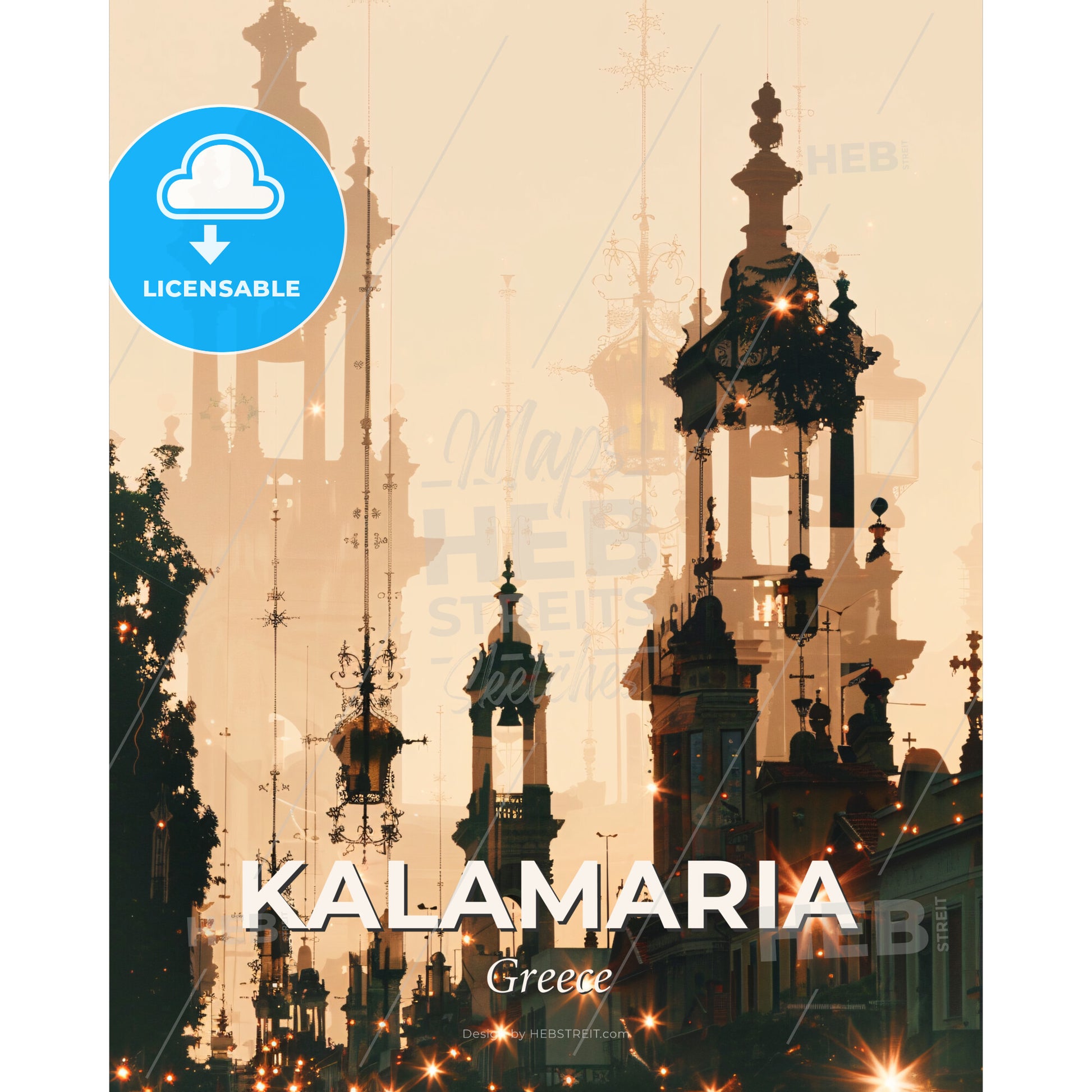 Kalamaria Greece Silhouette Sparkle Skyline - A city with many towers and lights - Square format print template