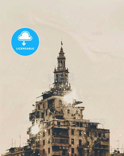 Kallithea: Double Exposure City Skyline Silhouette Poster - A building with a tower