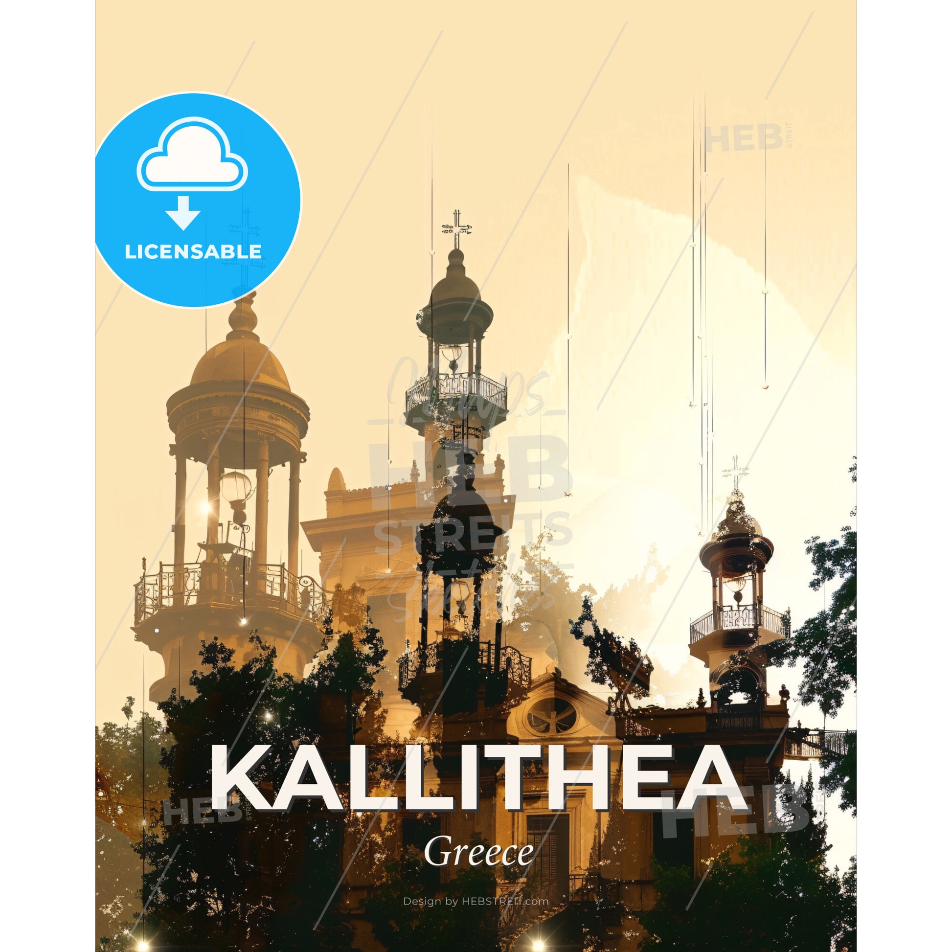 Kallithea Skyline Art: Dreamy Double Exposure Silhouette - A building with towers and trees - Square format print template