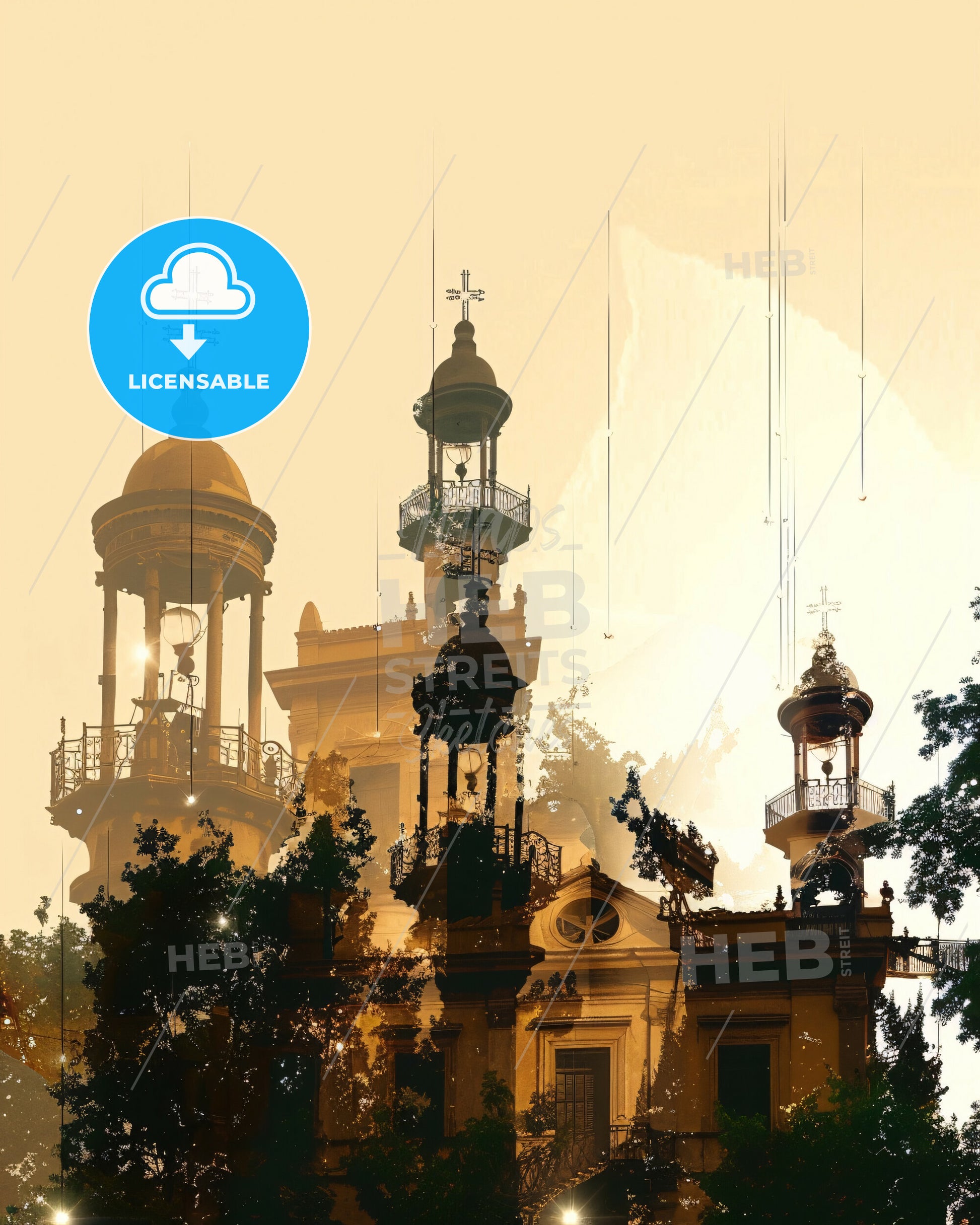 Kallithea Skyline Art: Dreamy Double Exposure Silhouette - A building with towers and trees