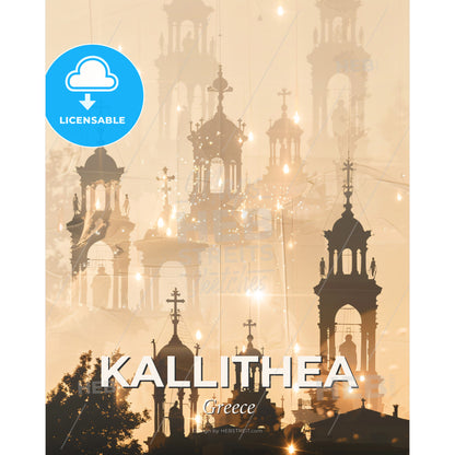 Kallithea Greece Skyline Composite Art Poster Beige - A group of buildings with crosses and a light - Square format print template