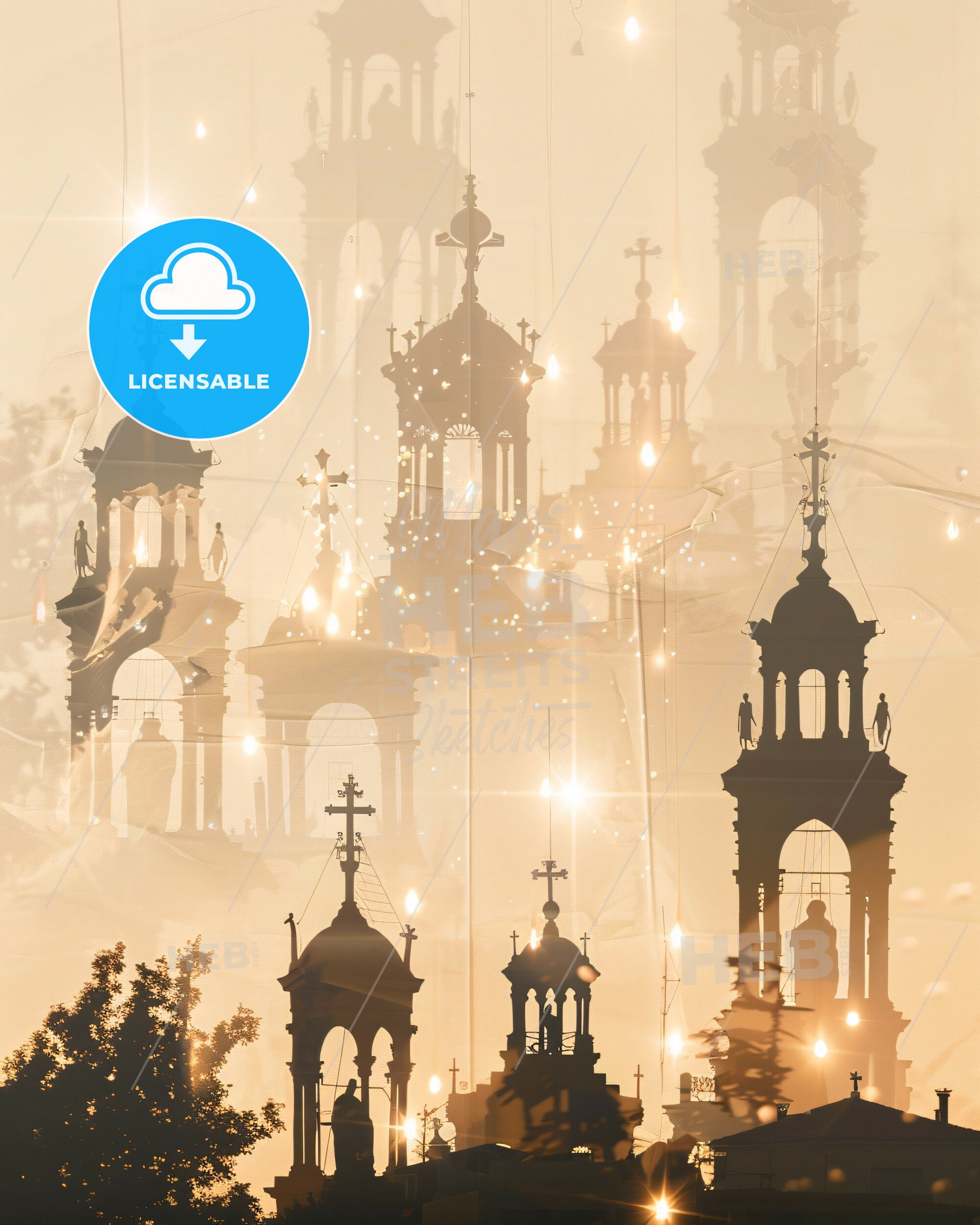 Kallithea Greece Skyline Composite Art Poster Beige - A group of buildings with crosses and a light