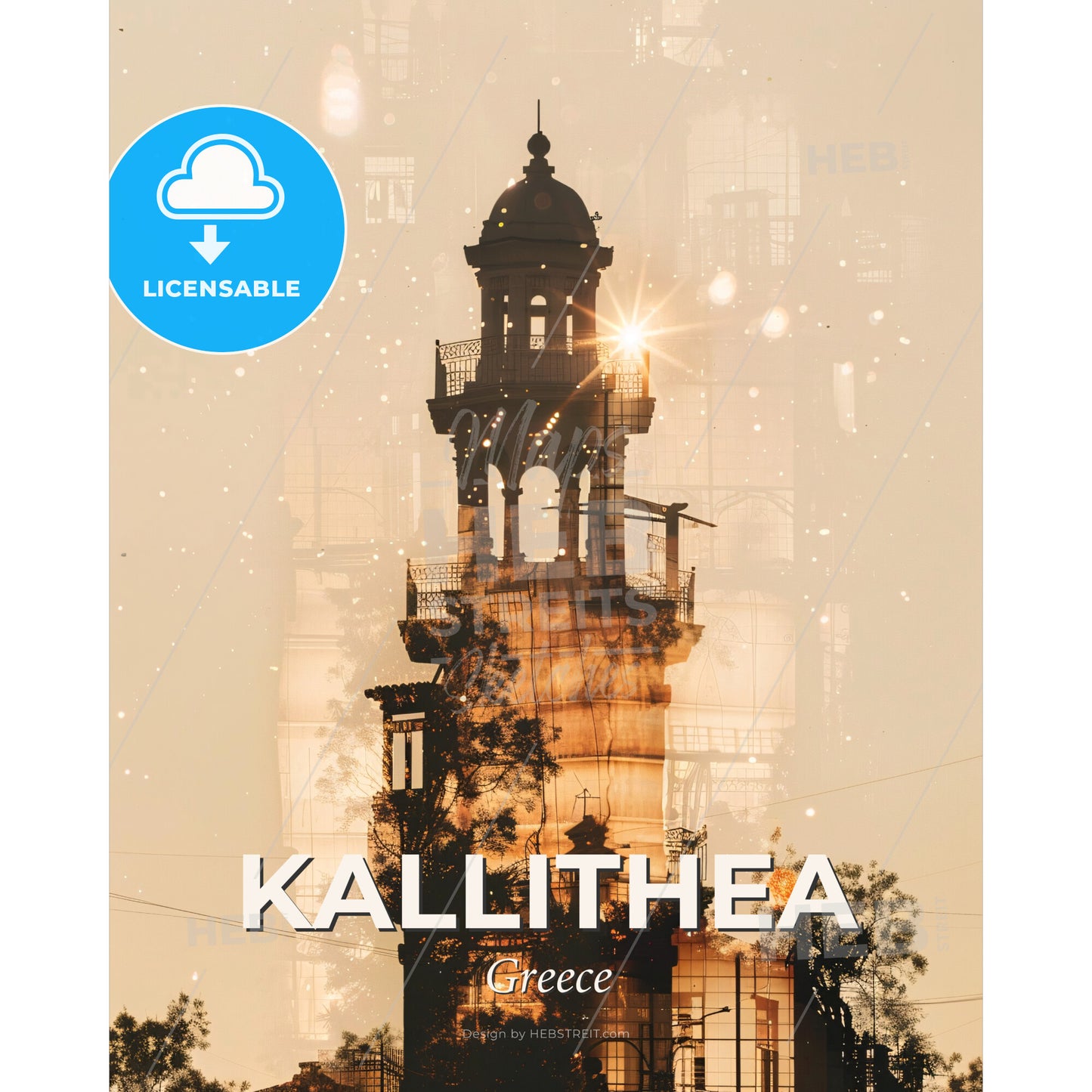 Kallithea Skyline Double Exposure Art Poster - A tower with a cross and a tree - Square format print template