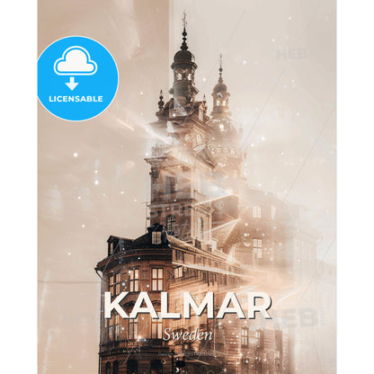 Kalmar City Silhouette Art Deco Poster - A building with a clock tower - Square format print template