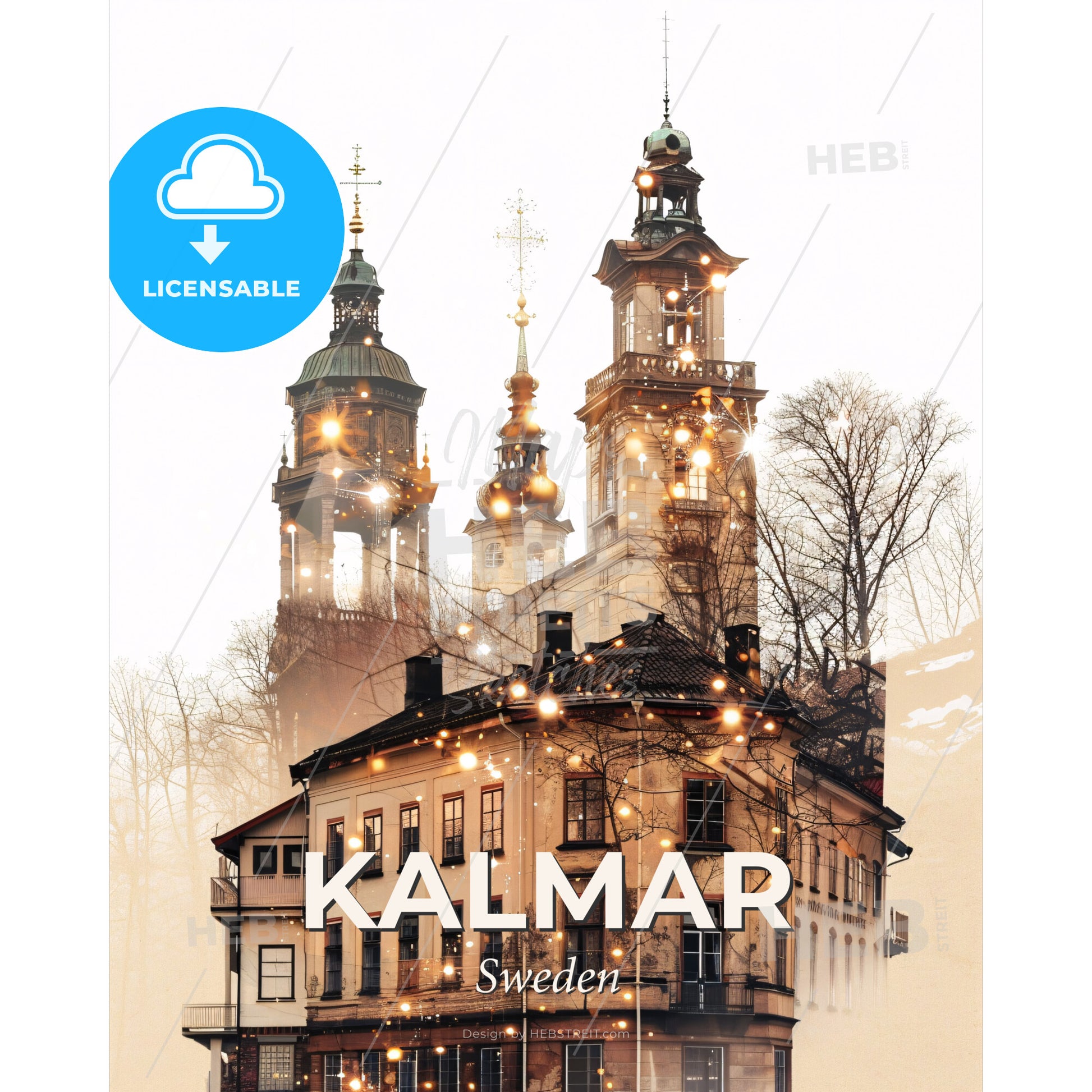 Kalmar Skyline Double Exposure Art Poster - A building with towers and lights - Square format print template