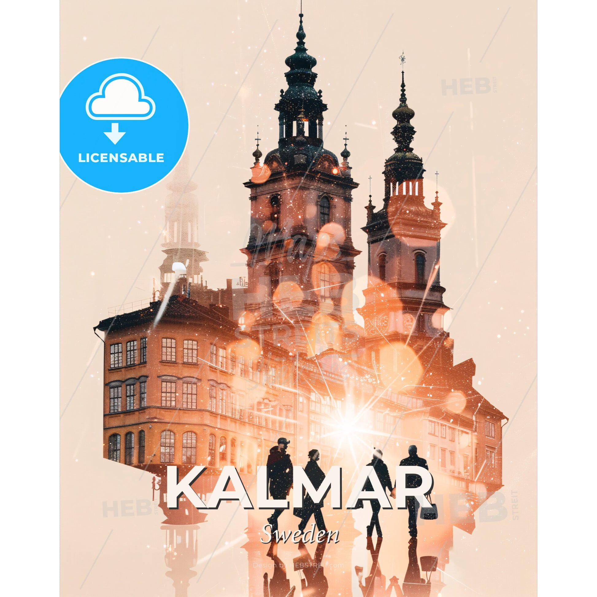 Kalmar City Glow Skyline Panorama Poster - A group of people walking in front of a building - Square format print template