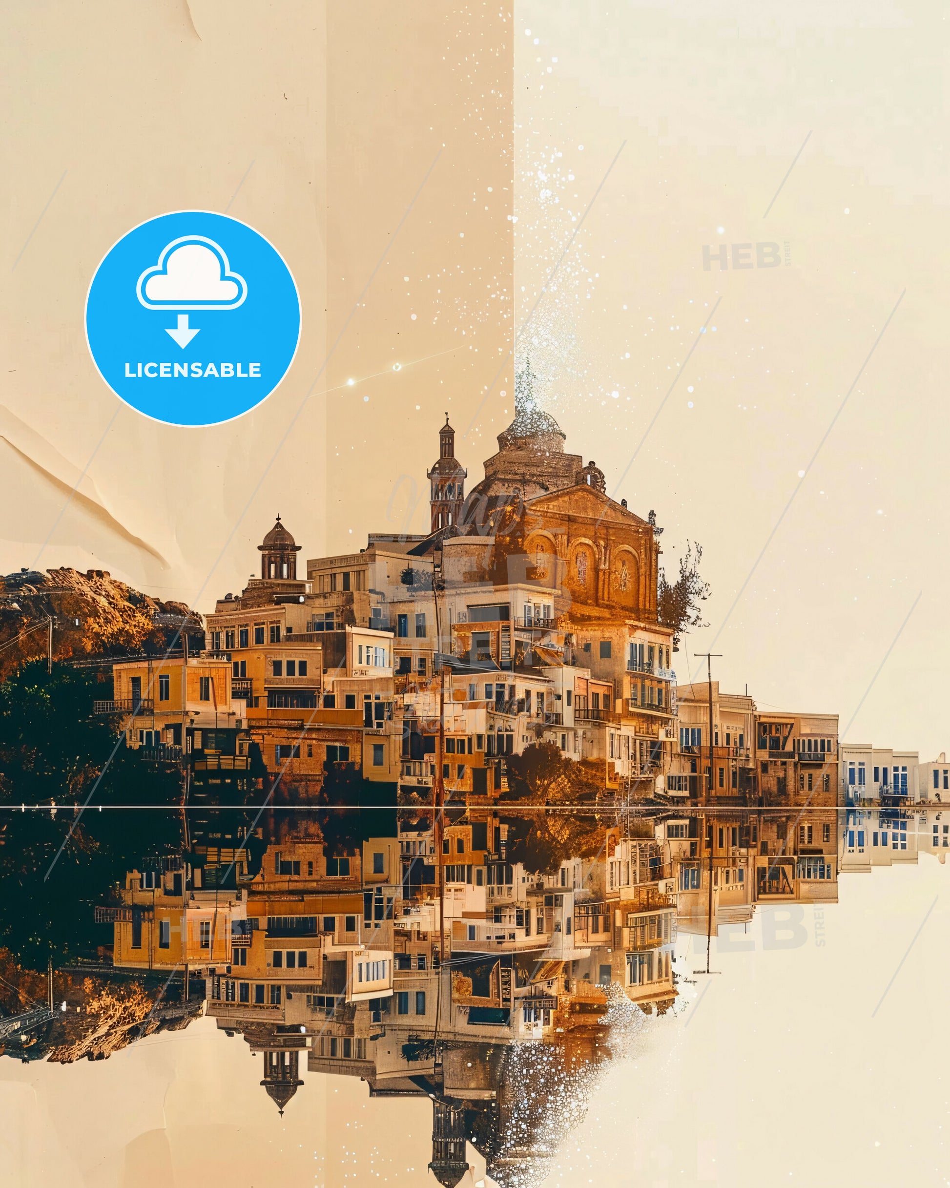 Kalymnos Skyline Sparkles Composite Art Poster - A reflection of a building in water