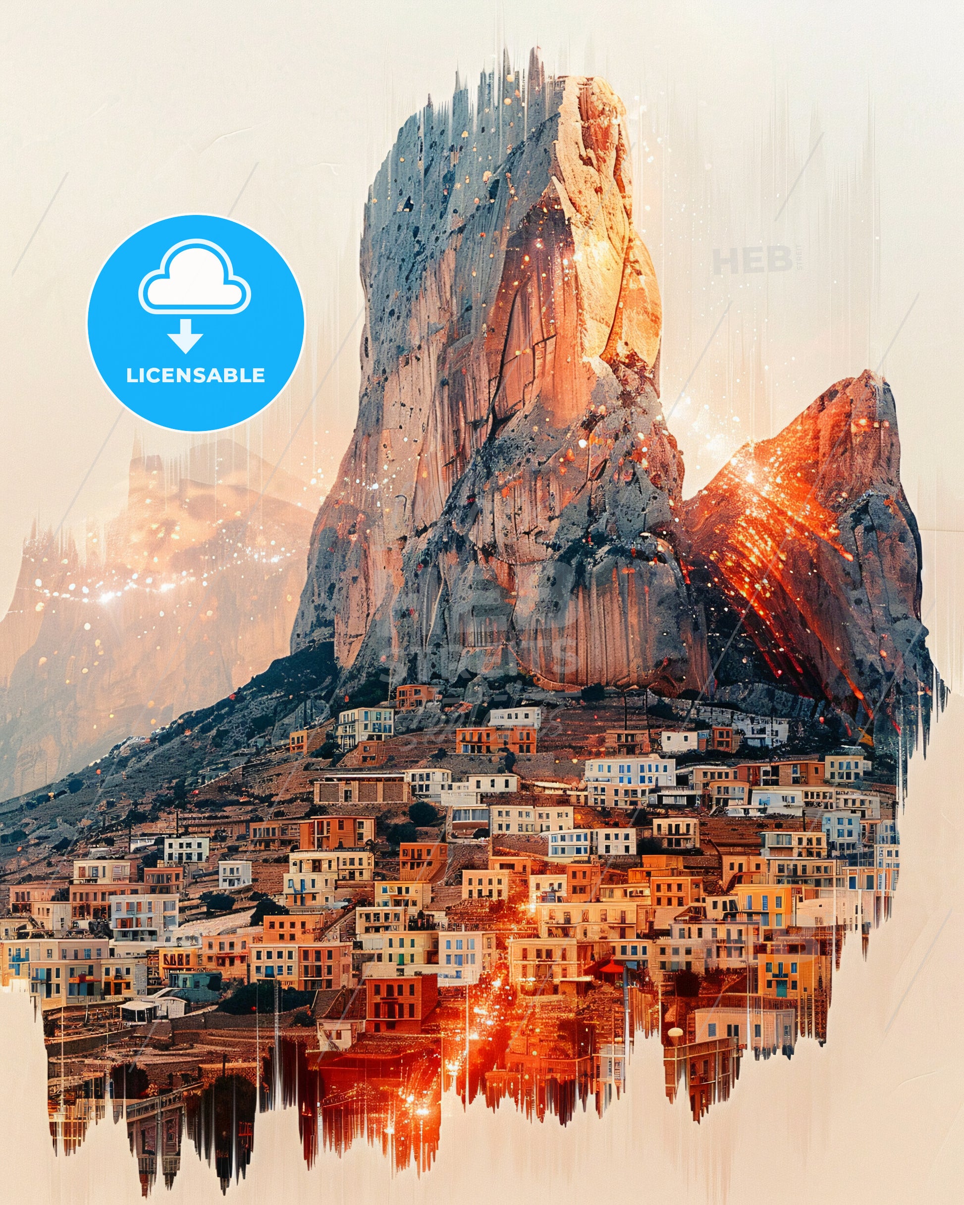 Kalymnos Skyline Double Exposure Composite Art Poster - A mountain with buildings and a city