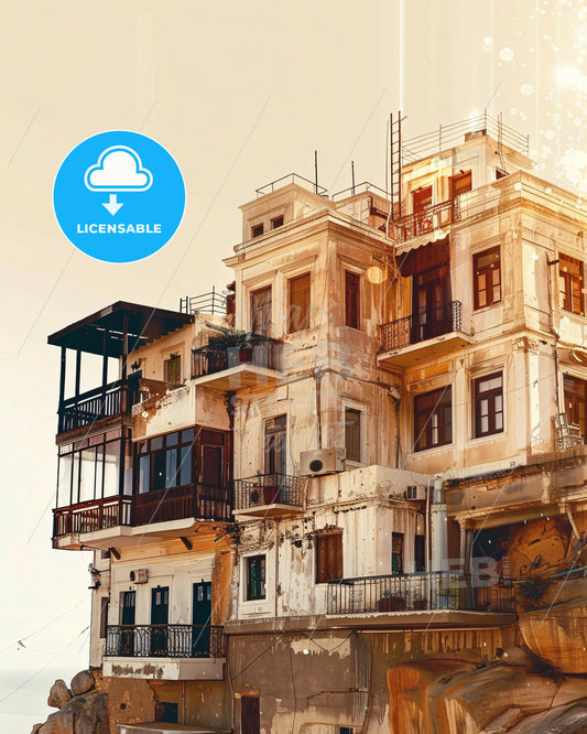 Kalymnos Greece Skyline and Landmark Poster - A building with many balconies