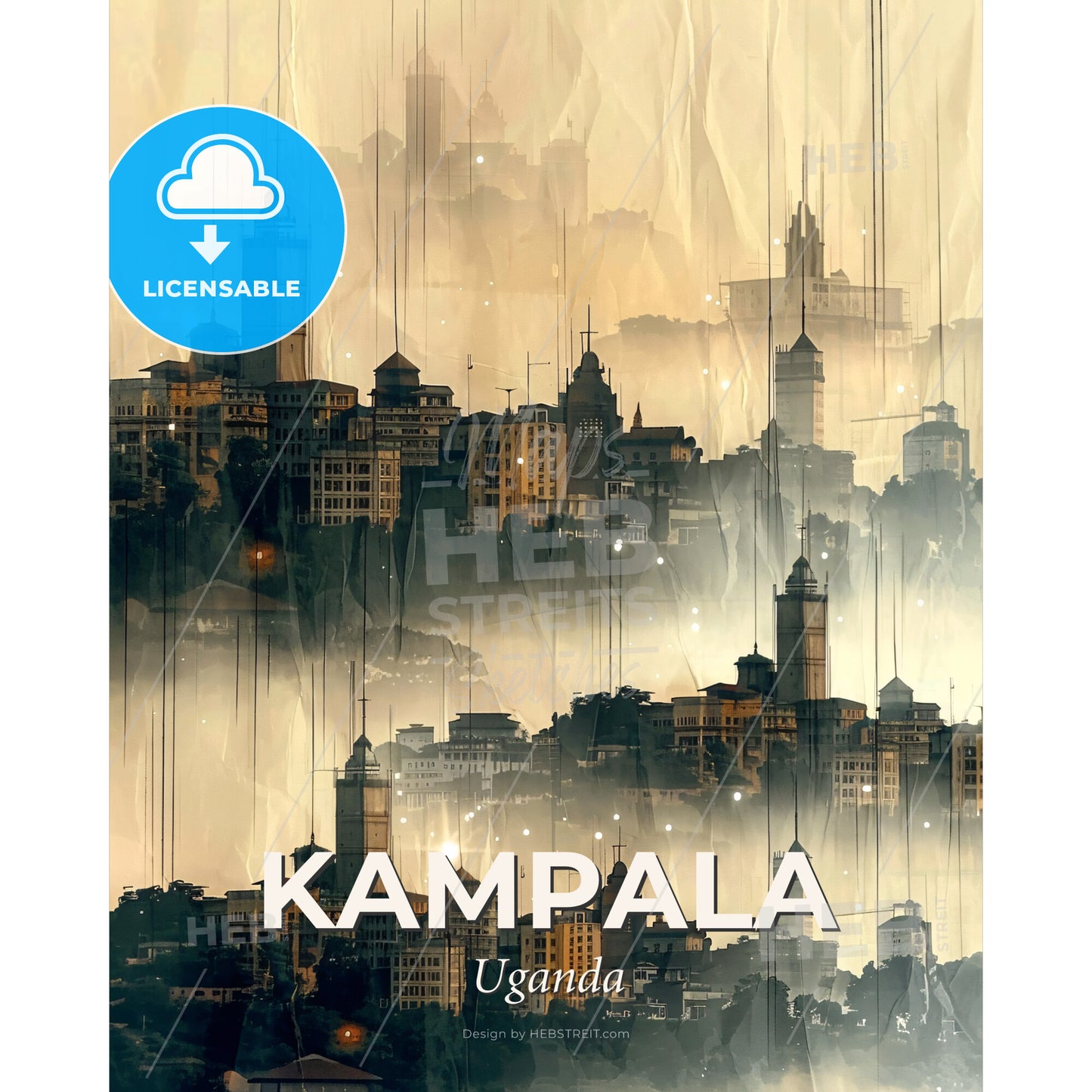 Kampala Double Exposure Architecture Skyline Art - A city in fog with many towers - Square format print template