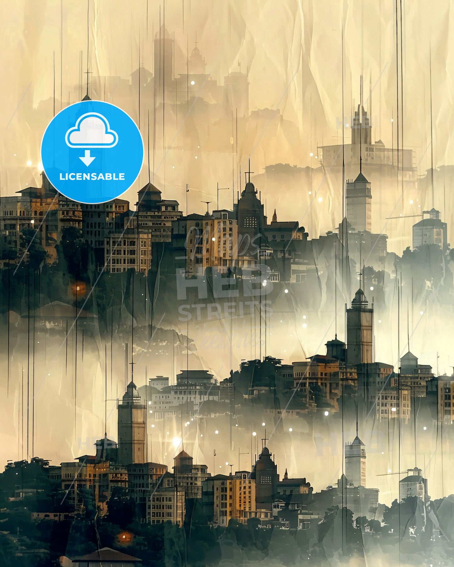 Kampala Double Exposure Architecture Skyline Art - A city in fog with many towers