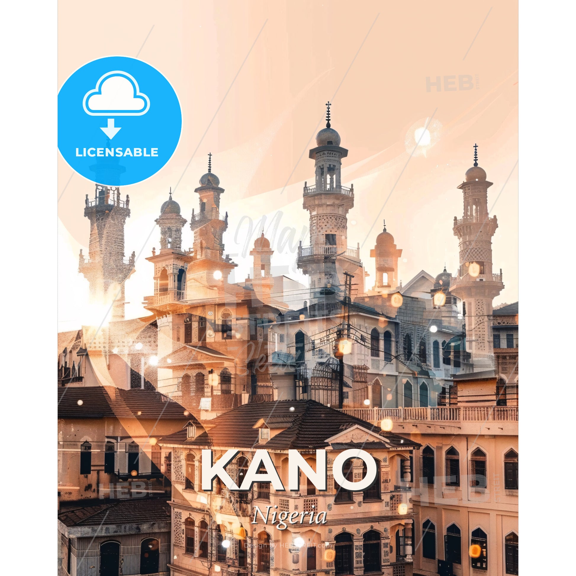 Kano City Skyline Composite Art Poster - A group of buildings with towers - Square format print template
