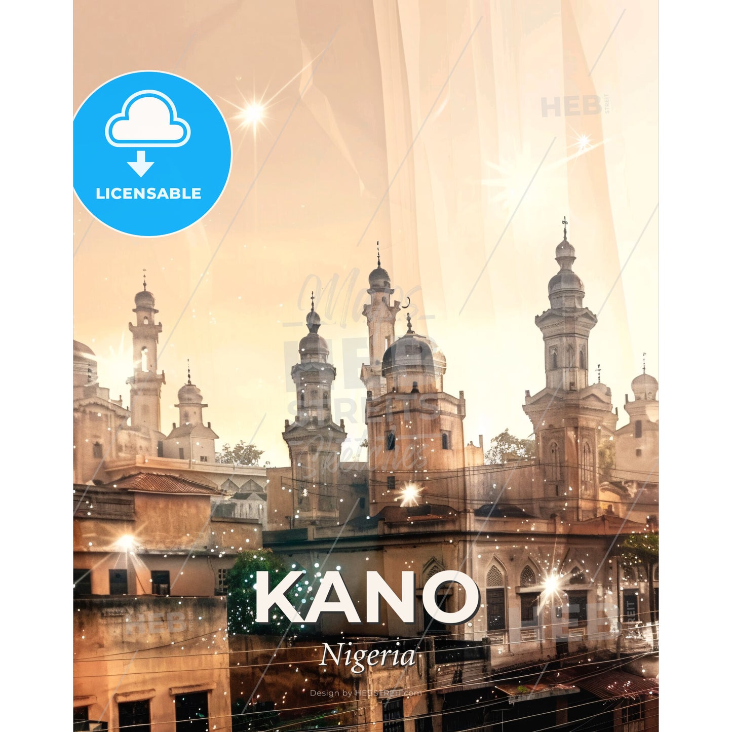 Kano Skyline Double Exposure Art Poster - A building with towers and a street light - Square format print template
