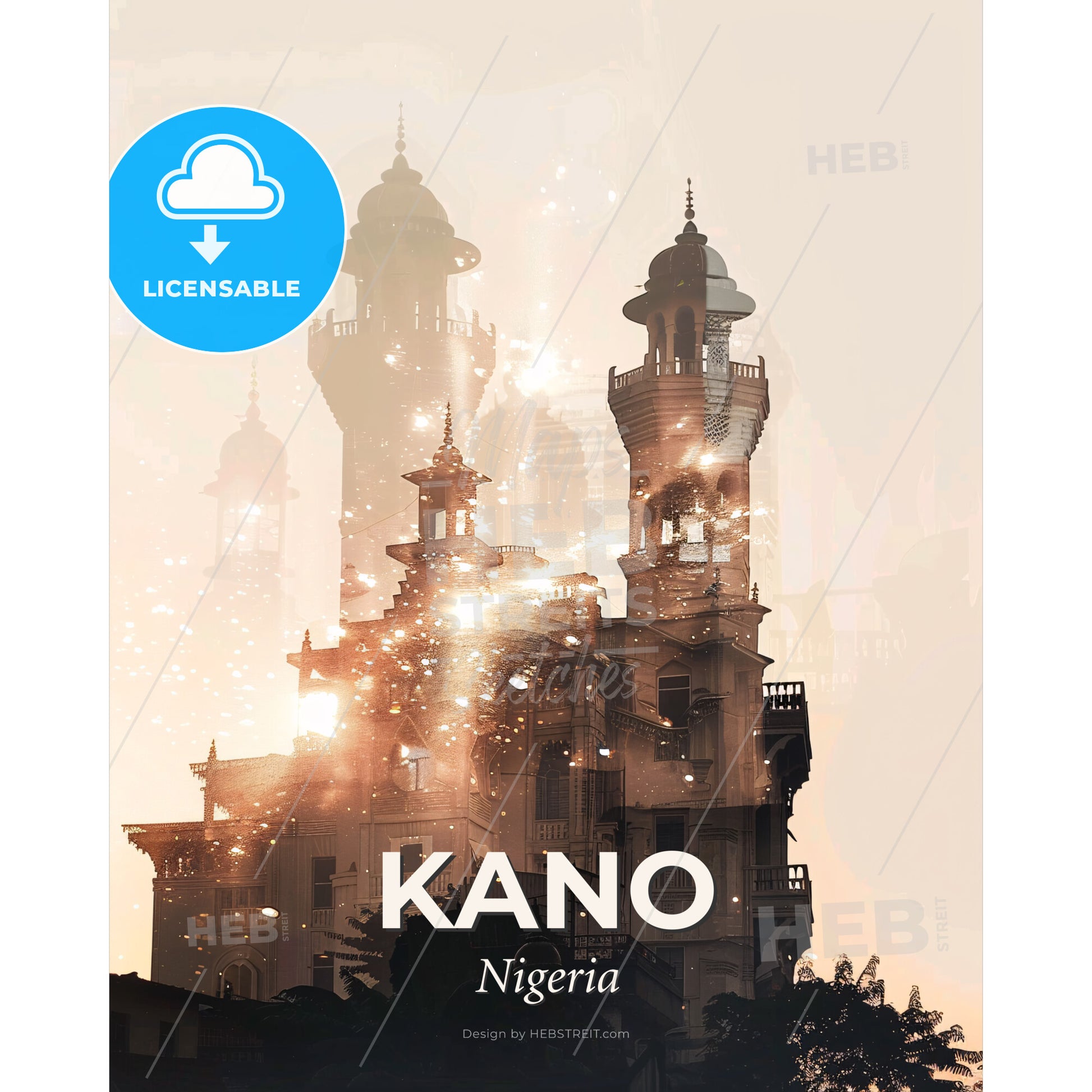 Kano City Skyline Architecture Art Poster - A building with towers and lights - Square format print template