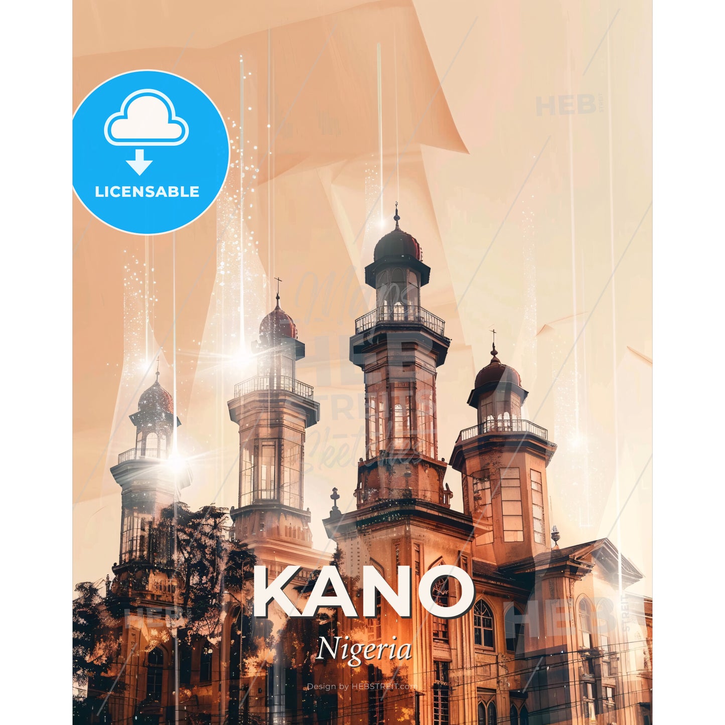 Kano Skyline Cityscape Night Lights Poster - A building with towers and a light in the sky - Square format print template