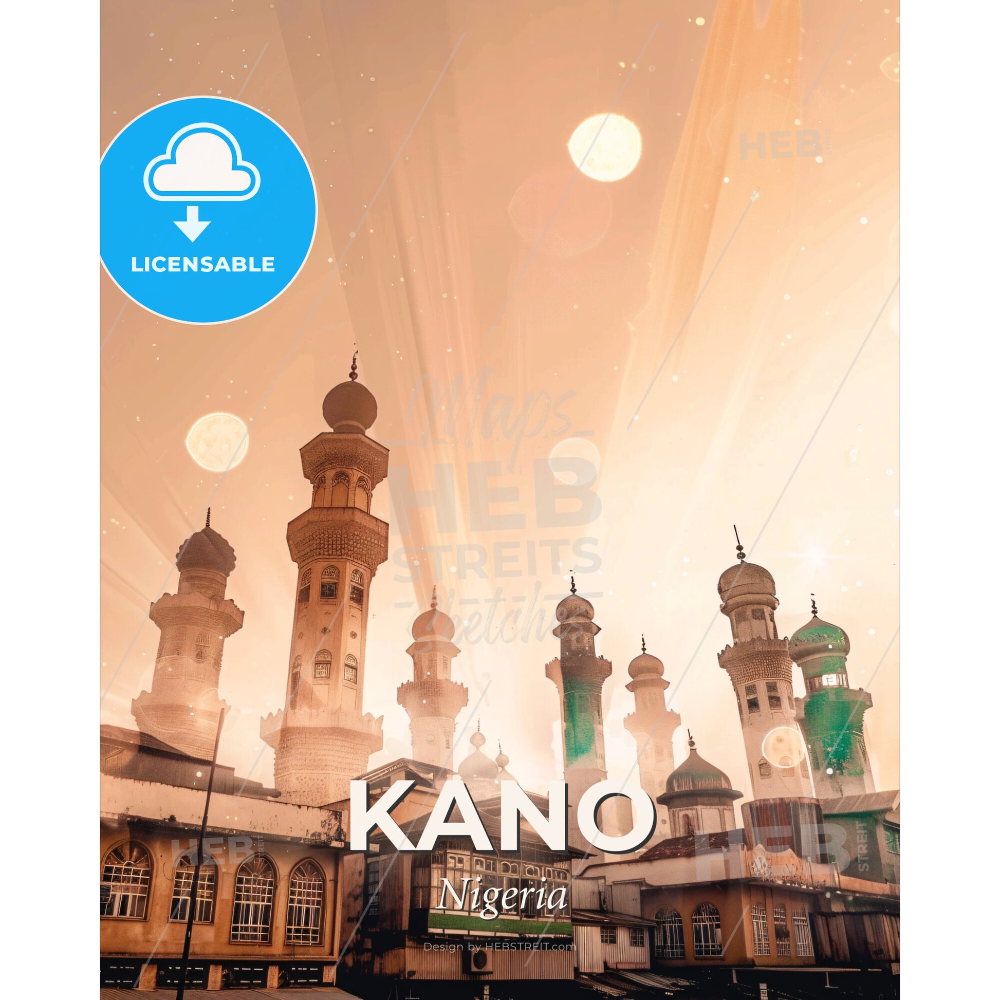 Kano Nigeria Skyline Art, Sparkle, Local Architecture, Poster - A building with towers and towers - Square format print template