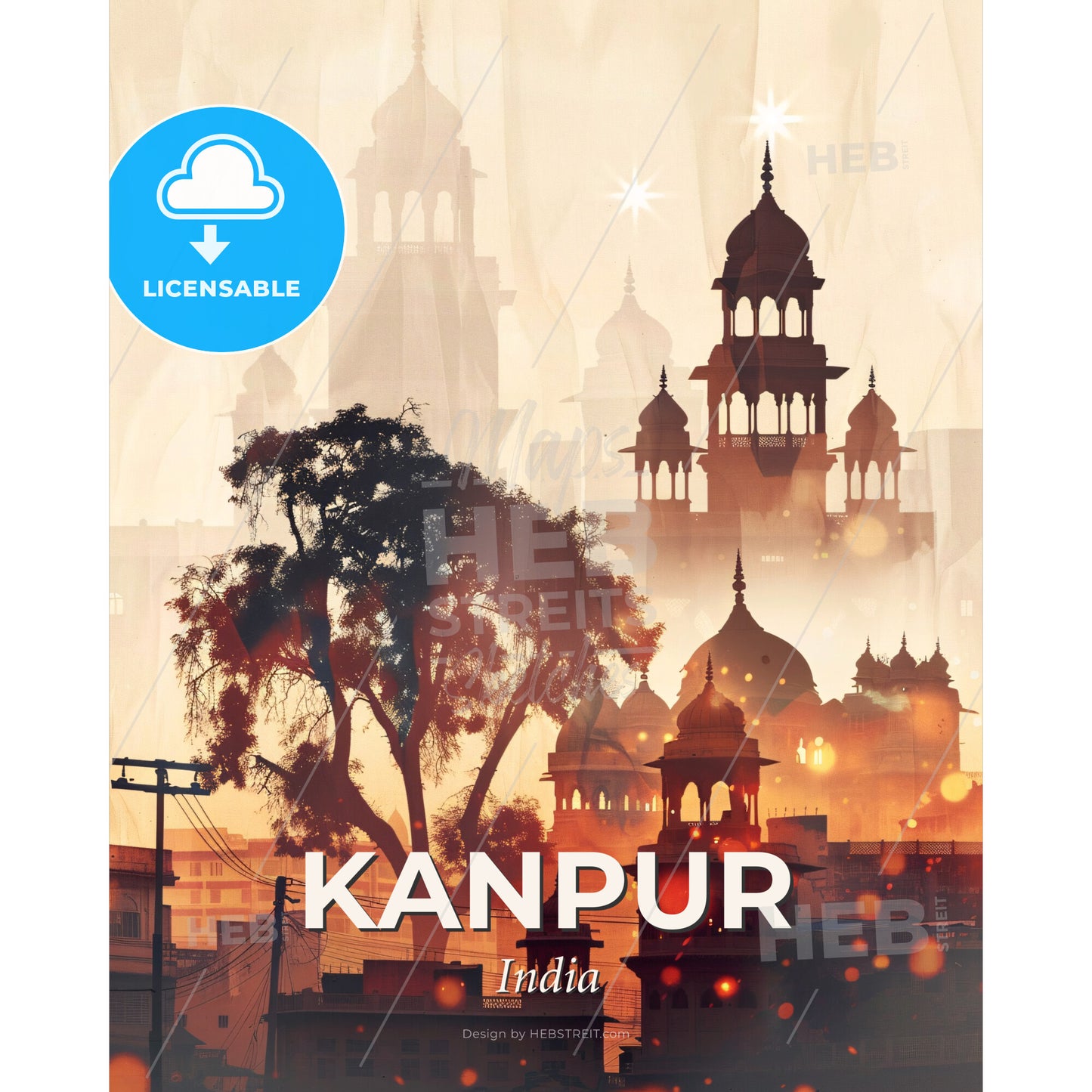 Kanpur Cityscape Double Exposure Artwork Print - A city with towers and trees - Square format print template