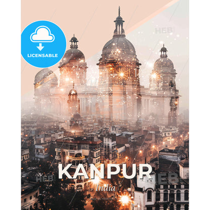 Kanpur, India: Icon Skyline Sparking Lights - A city with many buildings and a large building with domes - Square format print template