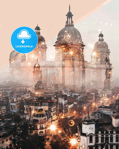 Kanpur, India: Icon Skyline Sparking Lights - A city with many buildings and a large building with domes