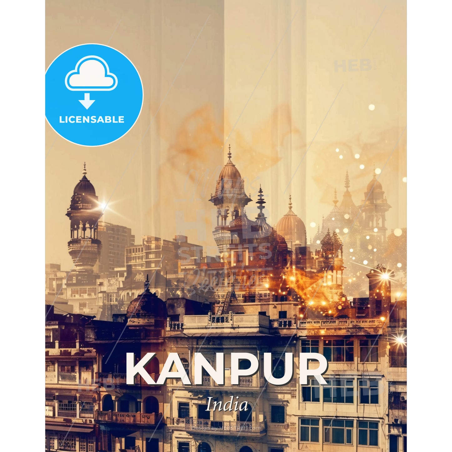 Kanpur Cityscape Composite Artwork with Beige Background - A city with many buildings - Square format print template
