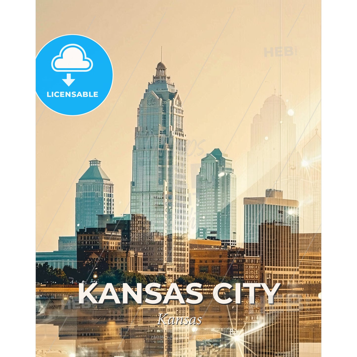 Kansas City Double Exposure Cityscape Poster - A city skyline with a bridge over water - Square format print template