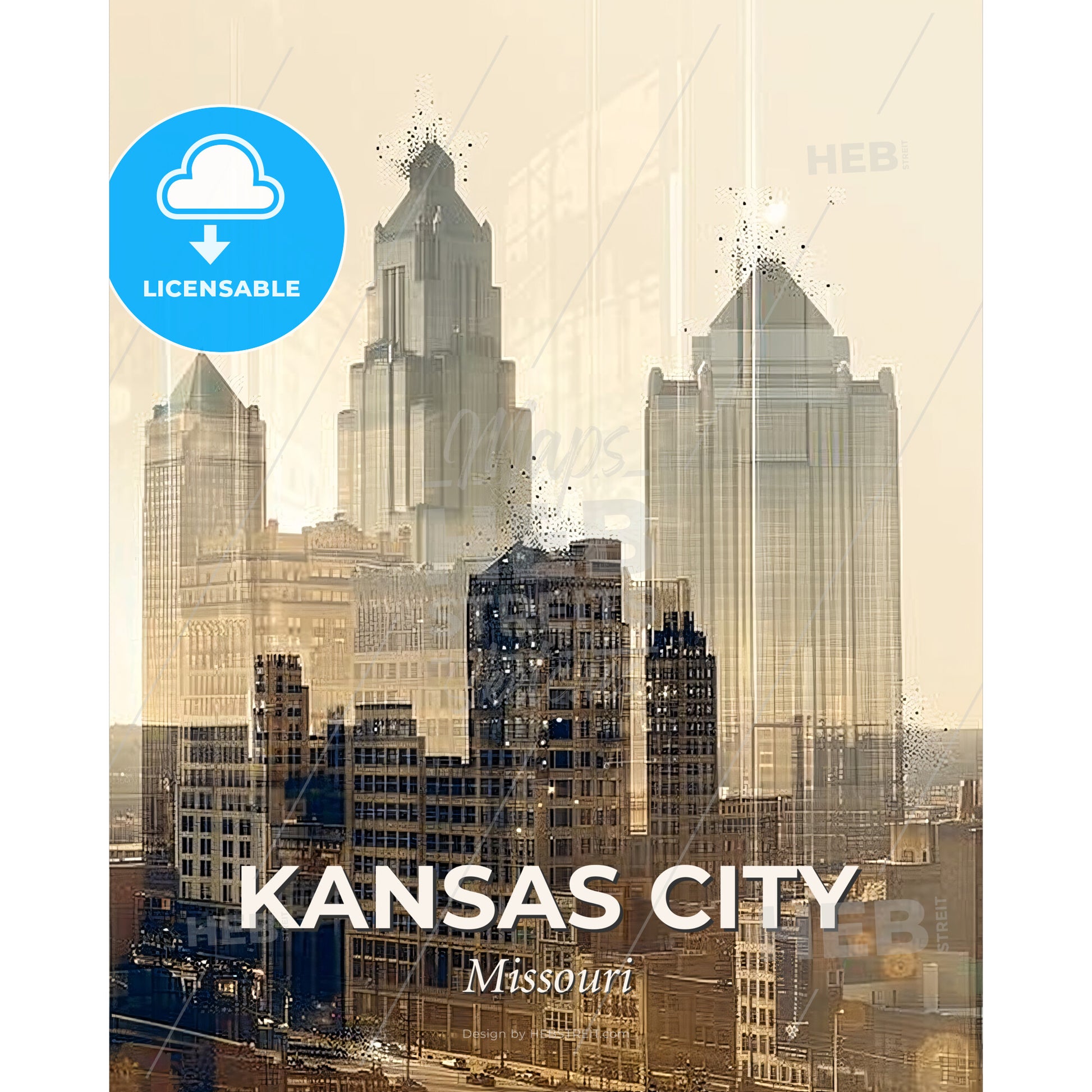 Kansas City Cityscape Sparkles Composite - A city skyline with many tall buildings - Square format print template