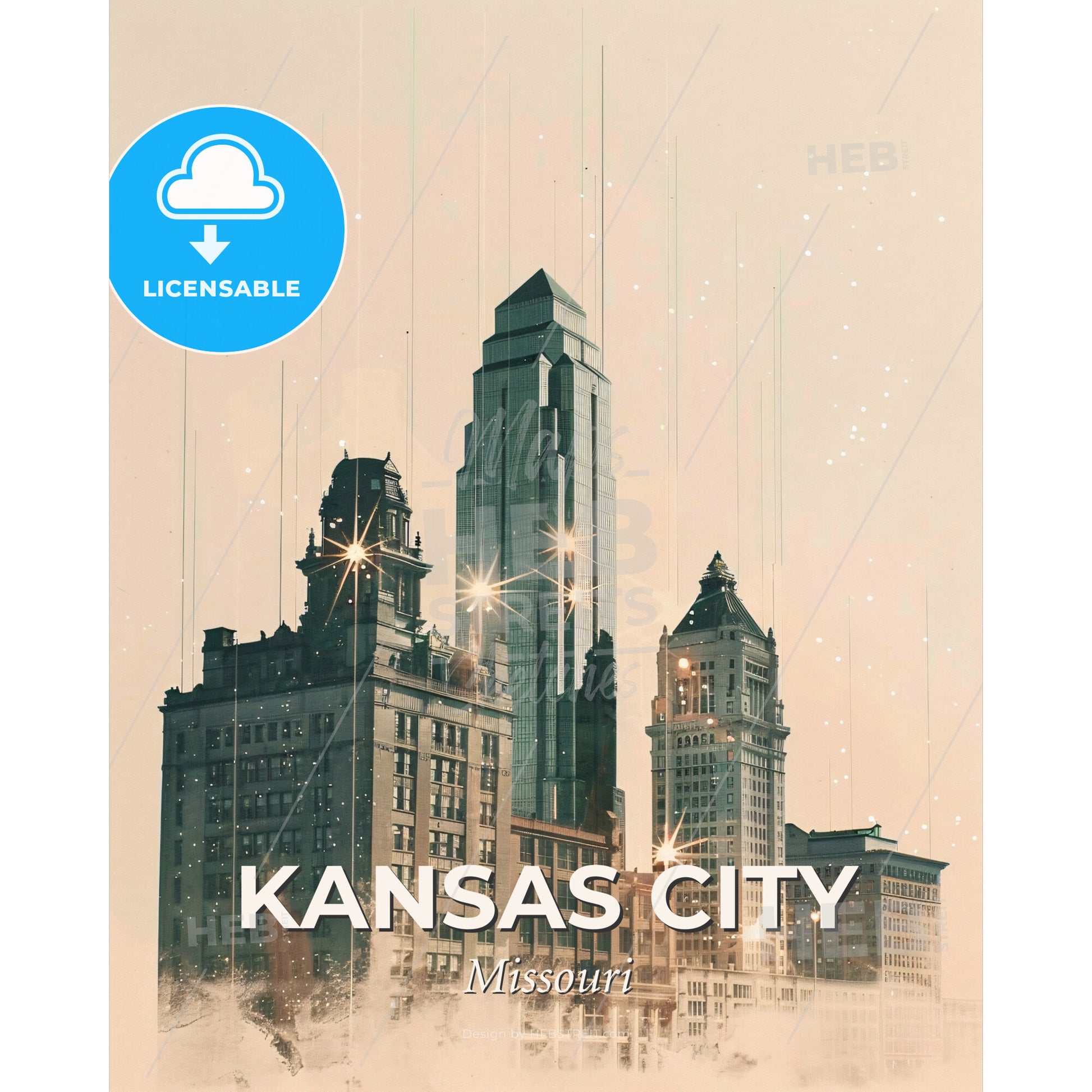 Kansas City Skyline Composite Art Poster - A city skyline with tall buildings - Square format print template