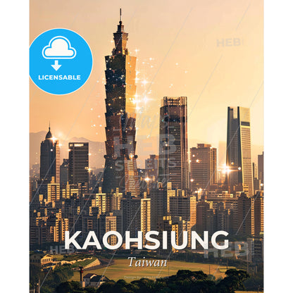 Kaohsiung Double Exposure Skyline Poster - A city with many tall buildings - Square format print template