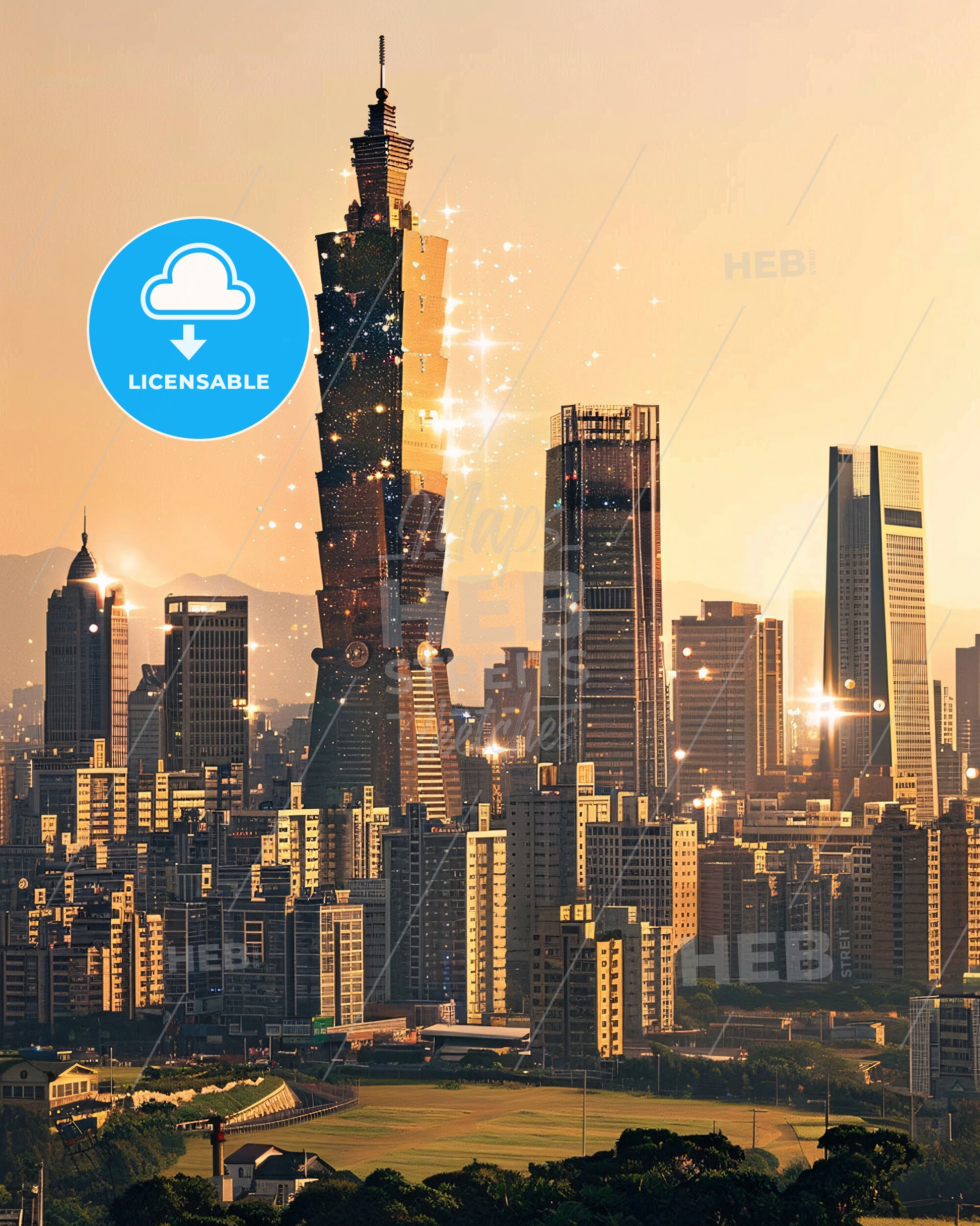 Kaohsiung Double Exposure Skyline Poster - A city with many tall buildings