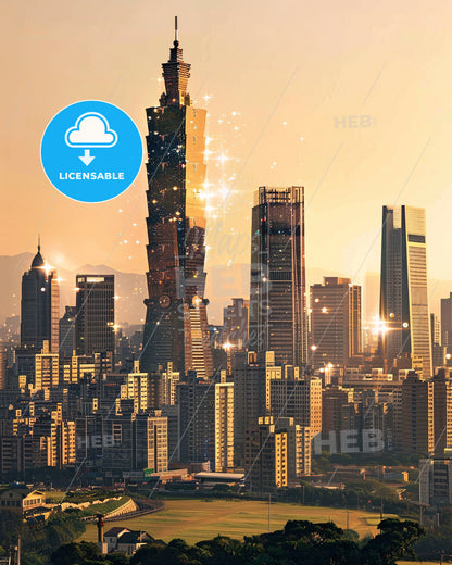 Kaohsiung Double Exposure Skyline Poster - A city with many tall buildings