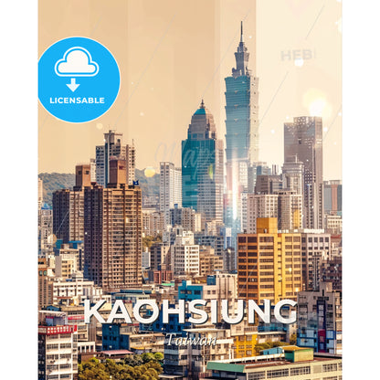 Kaohsiung Cityscape Sparkle Dreamscape Poster - A city skyline with many tall buildings - Square format print template