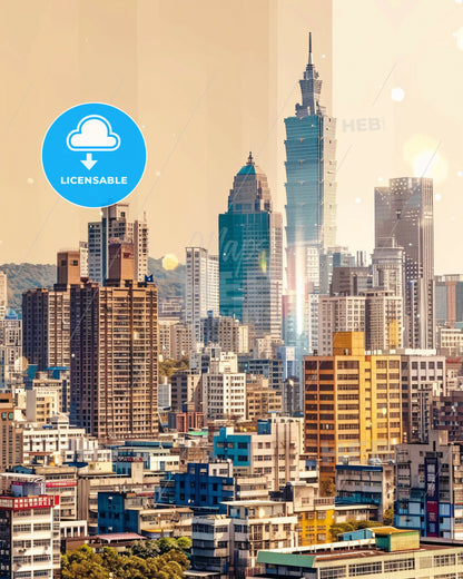 Kaohsiung Cityscape Sparkle Dreamscape Poster - A city skyline with many tall buildings