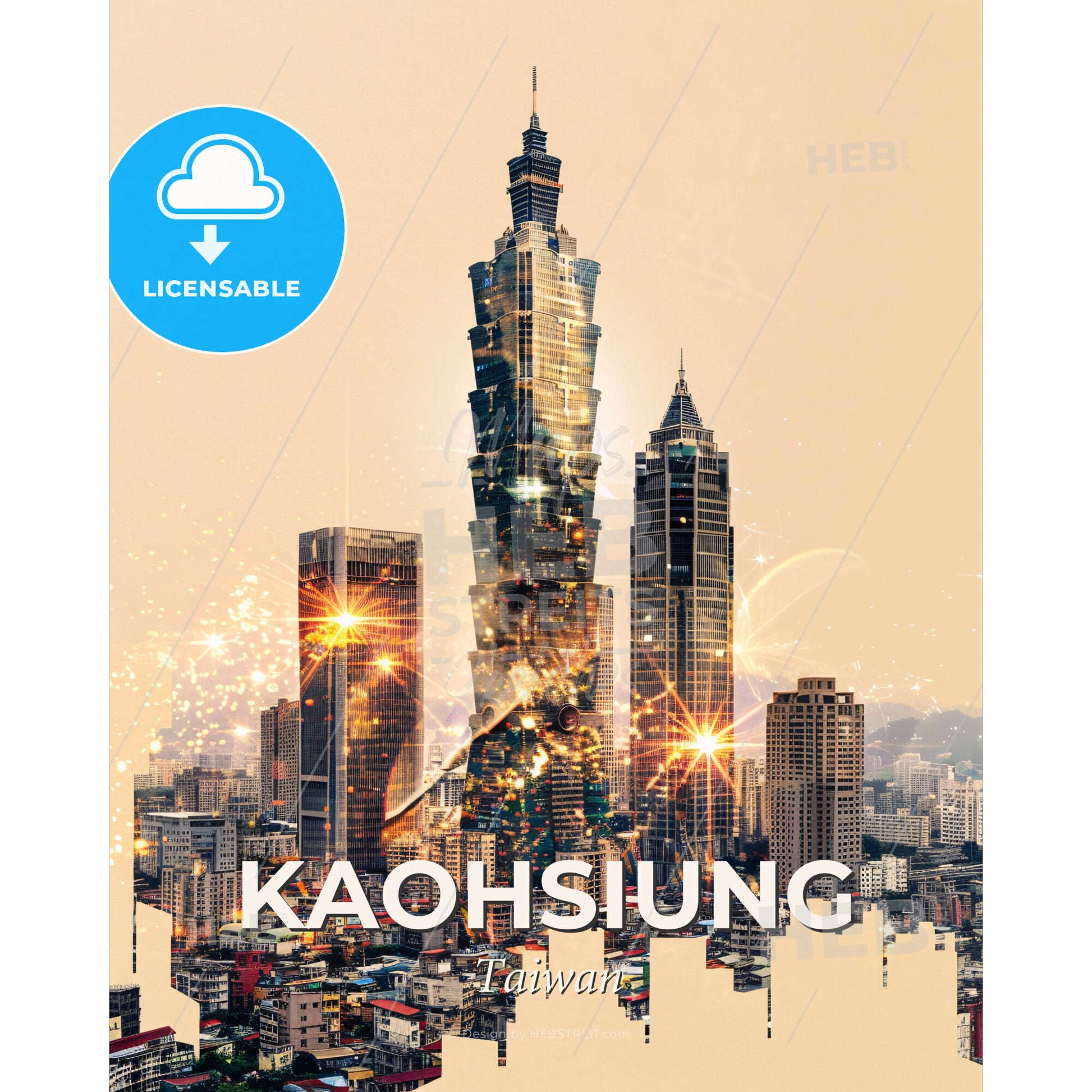 Kaohsiung Skyline Panorama Composite Cityscape Poster Art - A city with many tall buildings - Square format print template