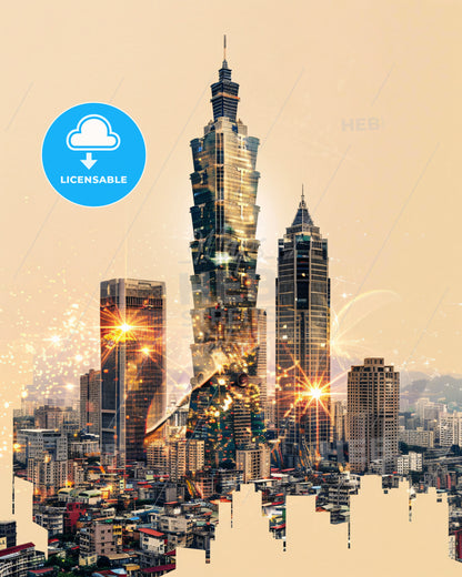 Kaohsiung Skyline Panorama Composite Cityscape Poster Art - A city with many tall buildings