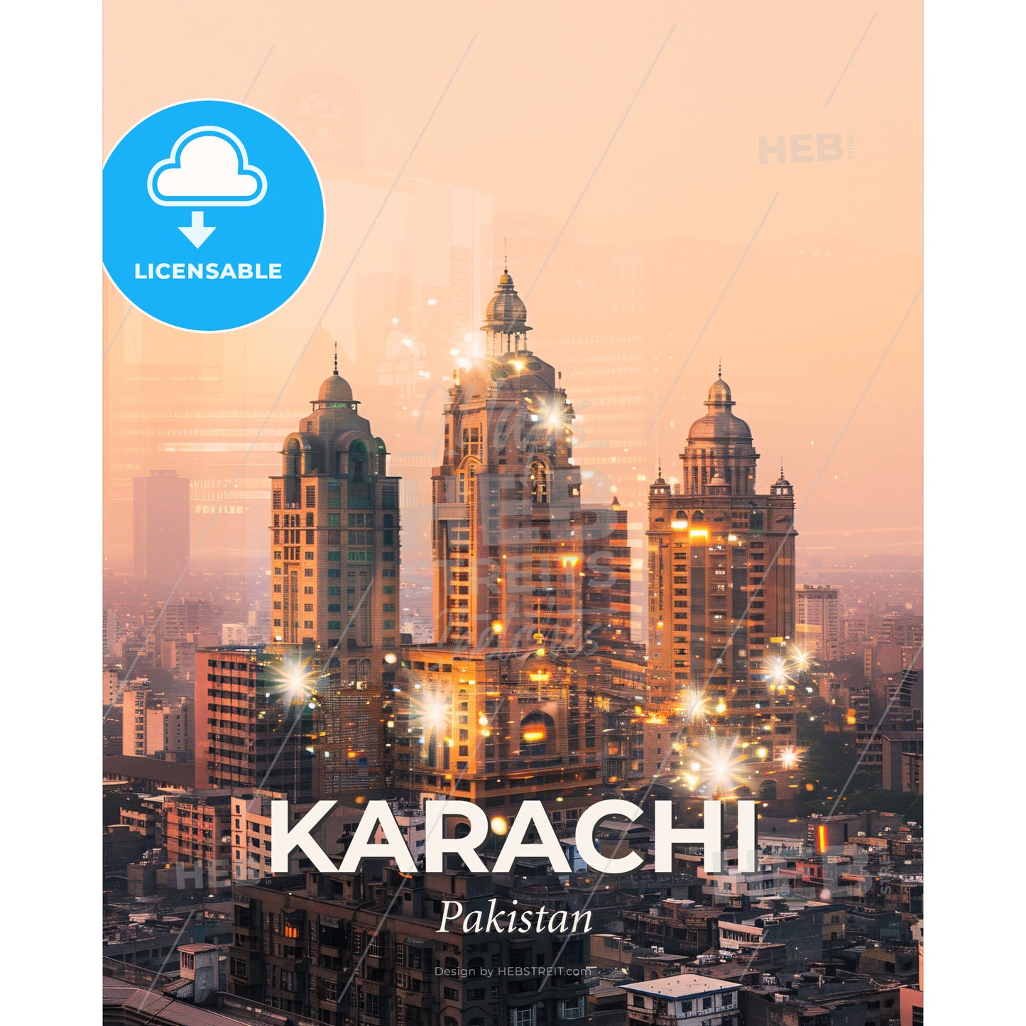 Karachi Skyline Double Exposure Art Poster - Lingaraja Temple with many tall buildings - Square format print template