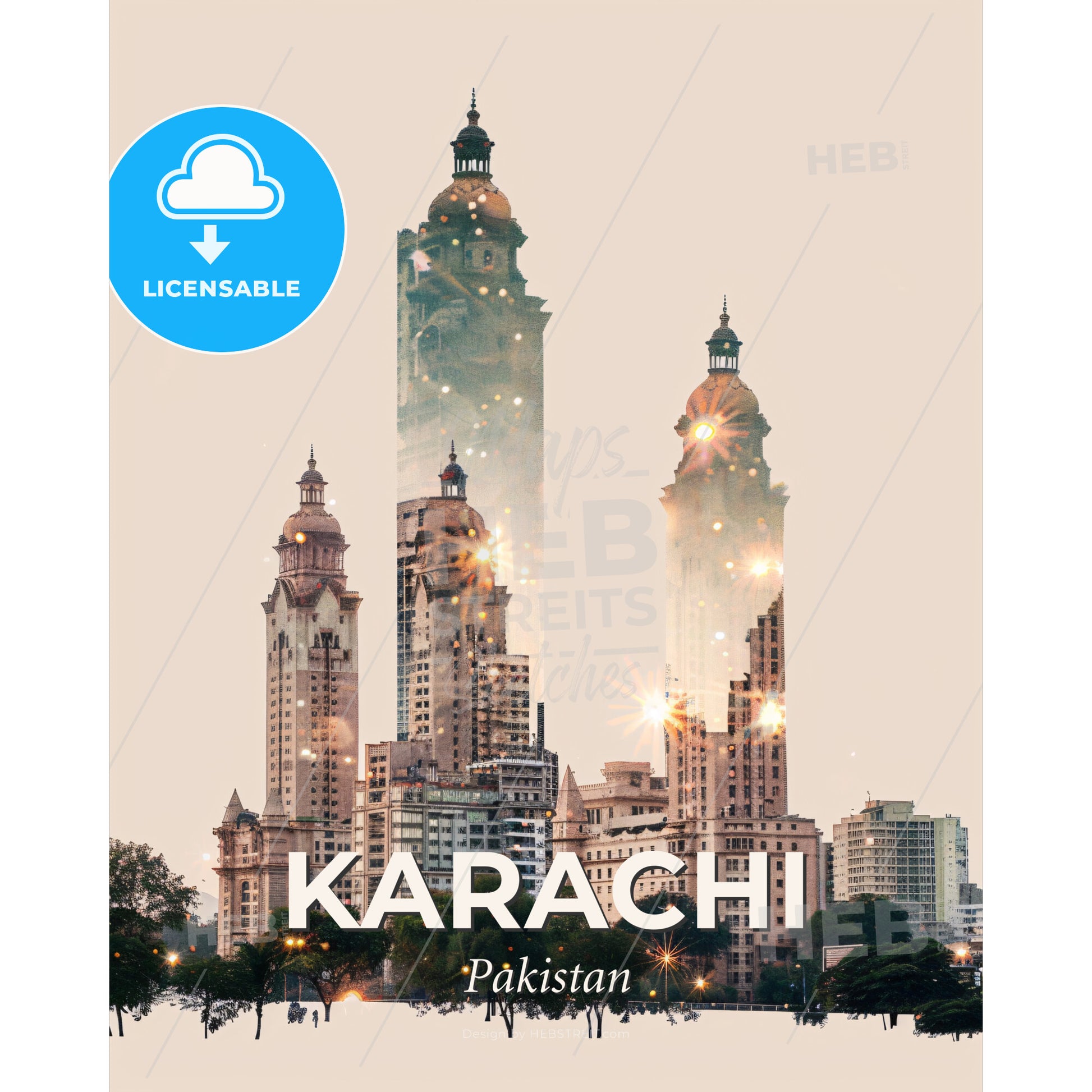 Karachi Skyline: City Icons in Double Exposure - A city skyline with tall buildings - Square format print template