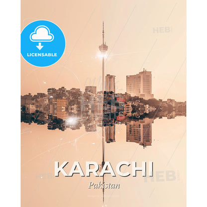 Karachi Skyline Architectural Composite Artwork - A city skyline reflected in water - Square format print template