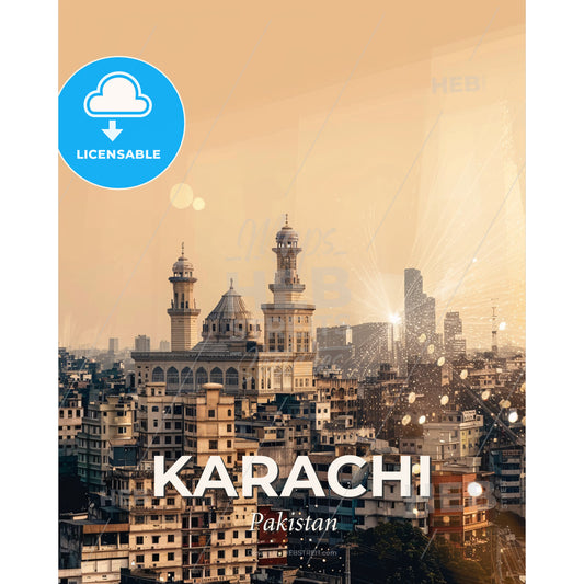 Karachi Skyline Double Exposure Composite Poster Art - A city with many buildings - Square format print template