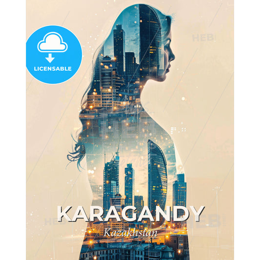 Karagandy Skyline Double Exposure Composite Poster - A woman with long hair and cityscape - Square format print template