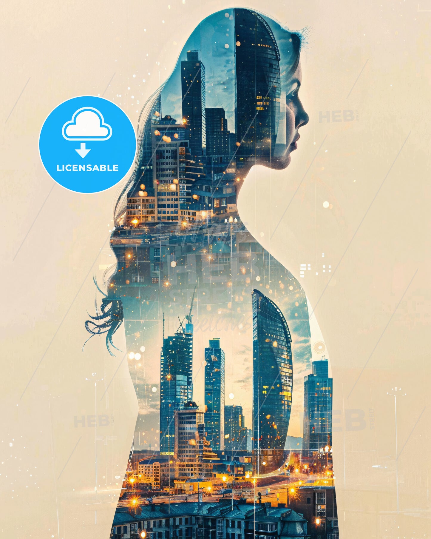 Karagandy Skyline Double Exposure Composite Poster - A woman with long hair and cityscape