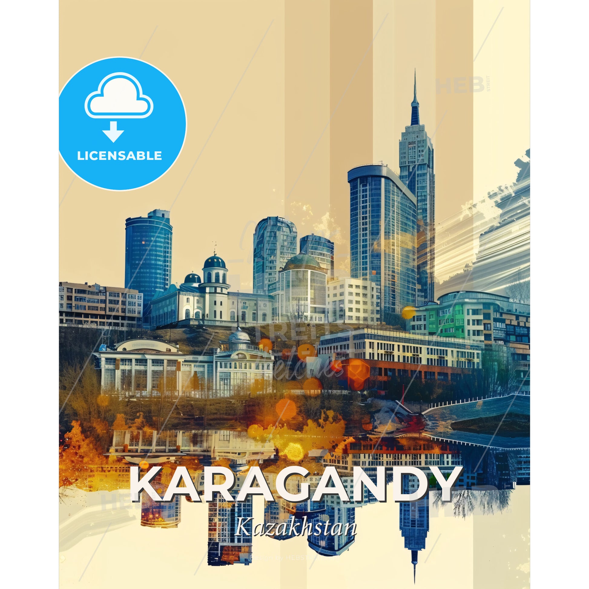 Karagandy Tapestry: City Lights & Local Icons - A city with many tall buildings - Square format print template